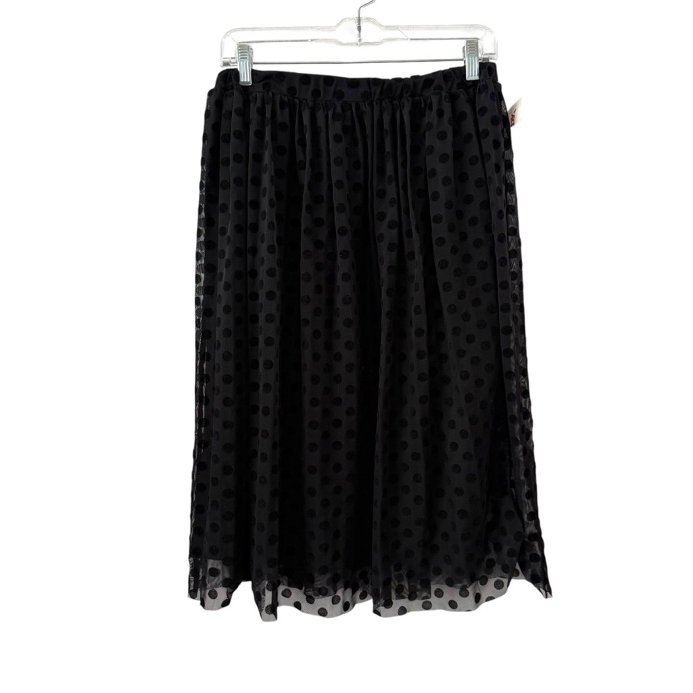 NWT Bobeau Medium Black Velvet Polka Dot Mesh Overlay Midi Skirt Elastic Waist